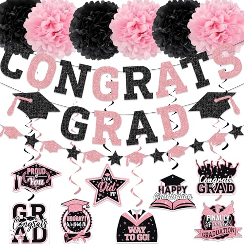 2025 Abschlussdekorationen, Schwarz und Rosa Glitzer Congrats Grad Banner, Grad Girlande, Hängende Wirbel, Papier Pom Poms für Klasse 2025 Abschlussfeier Party Dekorationen 2025 Abschlussdekorationen, Schwarz und Rosa Glitzer Congrats Grad Banner, Grad Girlande, Hängende Wirbel, Papier Pom Poms für Klasse 2025 Abschlussfeier Party Dekorationen von XIEXIEYOU