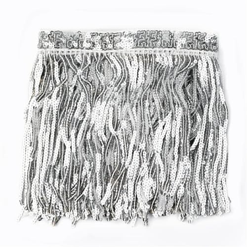XIEweiZHI 1/2 Yards 14 cm Quaste Fransen Spitzenbesatz Band Bunte Pailletten Quaste Spitze DIY Handgemachte Tanzaufführung Kleidung Nähzubehör für Kleidung DIY(Silver,14cm-1Yard) von XIEweiZHI