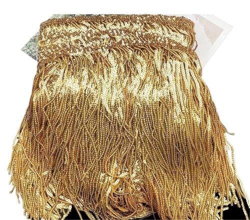 XIEweiZHI 1–5 Yards 17 cm Glitzer-Pailletten-Fransen-Quasten-Spitzenbesatz for lateinamerikanische Tänze, Hochzeitskleider, Kleidung, Bastelarbeiten für Kleidung DIY(Dark golden,1yard) von XIEweiZHI
