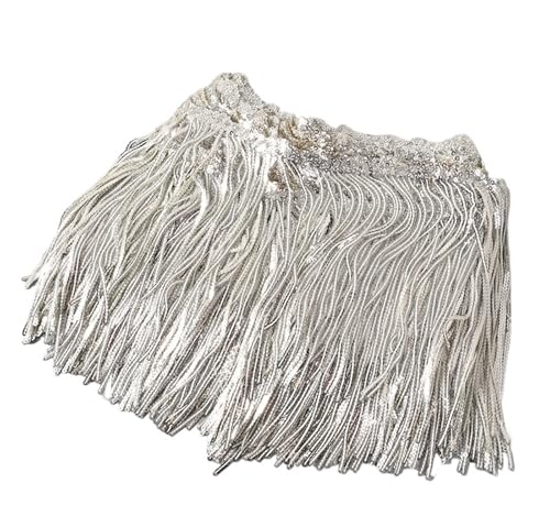 XIEweiZHI 1–5 Yards 17 cm Glitzer-Pailletten-Fransen-Quasten-Spitzenbesatz for lateinamerikanische Tänze, Hochzeitskleider, Kleidung, Bastelarbeiten für Kleidung DIY(Silver White,4yards) von XIEweiZHI