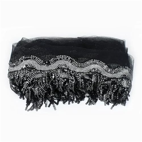 XIEweiZHI 1–5 Yards 8 cm Pailletten-Quastenfransen-Netz-Spitzenbesatzband for Nähen von Performance-Rock, Hochzeitskleid, Dekorationsstoff für Kleidung DIY(Black Silver,1Yard) von XIEweiZHI