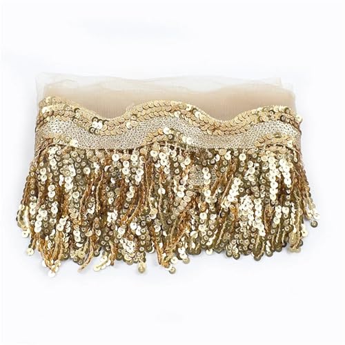 XIEweiZHI 1–5 Yards 8 cm Pailletten-Quastenfransen-Netz-Spitzenbesatzband for Nähen von Performance-Rock, Hochzeitskleid, Dekorationsstoff für Kleidung DIY(Gold,1Yard) von XIEweiZHI
