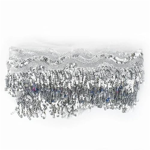 XIEweiZHI 1–5 Yards 8 cm Pailletten-Quastenfransen-Netz-Spitzenbesatzband for Nähen von Performance-Rock, Hochzeitskleid, Dekorationsstoff für Kleidung DIY(Silver,4Yards) von XIEweiZHI