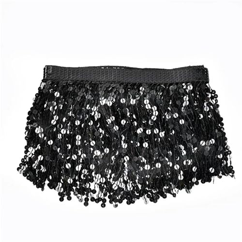 XIEweiZHI 2/5/9 Meter 16 cm Perlen-Fransenbesatz, Pailletten-Nähquaste, bestickte Fransen, Spitzenband, lateinamerikanisches Kleid, Bekleidungsbesatz-Zubehör für Kleidung DIY(Black,16cm-5Meters) von XIEweiZHI