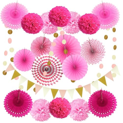 20 Stück Party Dekorationsset,hängende Papier fächer, pompons Blumen, Papier Wimpel und Punktekette für Party,Hochzeit,Geburtstag Graduierung Deko Weihnachten Karneval (Rosa) von XIFUHUI