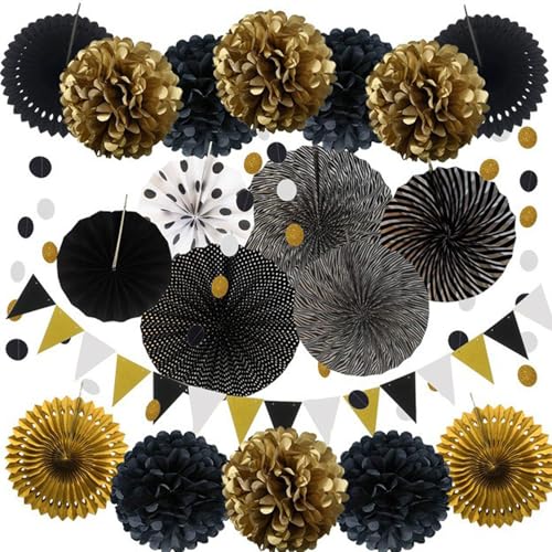 20 Stück Party Dekorationsset,hängende Papier fächer, pompons Blumen, Papier Wimpel und Punktekette für Party,Hochzeit,Geburtstag Graduierung Deko Weihnachten Karneval (Schwarz Gold) von XIFUHUI