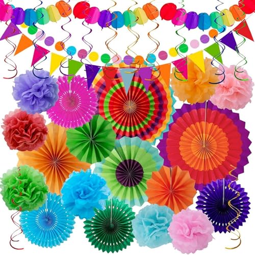 20 Stück Party Dekorationsset,hängende Papier fächer, pompons Blumen, Papier Wimpel und Punktekette für Party,Hochzeit,Geburtstag Graduierung Deko Weihnachten Karneval (farbig) von XIFUHUI