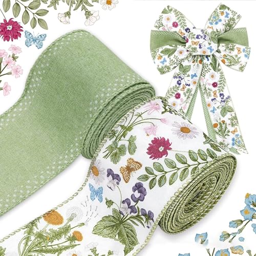 2PCS Blumenband Retro Wildblumen Bastelband mit Drahtrand Geschenkband für DIY Bastelverpackung Kränzen und Schleifen Hochzeiten Geburtstagsfeiern(Grün) von XIFUHUI