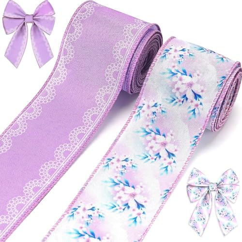 2PCS Blumenband Retro Wildblumen Bastelband mit Drahtrand Geschenkband für DIY Bastelverpackung Kränzen und Schleifen Hochzeiten Geburtstagsfeiern(Lila) von XIFUHUI