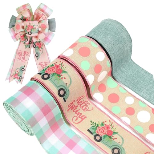 4PCS Rosa Kariert Stoffband Frühlings Deko mit Drahtrand Geschenkband für DIY Bastelverpackung Kränzen und Schleifen Hochzeiten Geburtstagsfeiern(Auto) von XIFUHUI