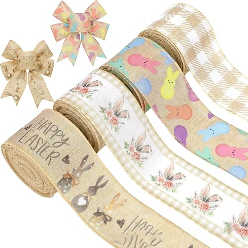 4PCS Rosa Kariert Stoffband Frühlings Deko mit Drahtrand Geschenkband für DIY Bastelverpackung Kränzen und Schleifen Hochzeiten Geburtstagsfeiern(Hase) von XIFUHUI