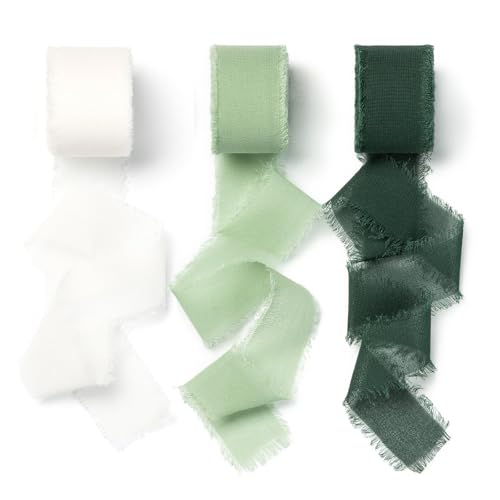 Geschenkband Chiffonband Fransenstoffband Schleifenband Handgefertigtes Fransen-Chiffonband 2,5 cm x 15 m Bänder-Set für Hochzeitseinladung, Brautstrauß, Dekoration, Geschenkverpackung (Grün) von XIFUHUI