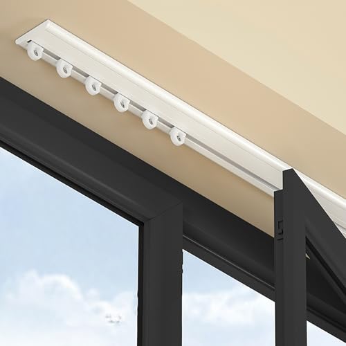 Vorhangschiene, Deckenhalterung, Vorhangschiene, Vorhangschiene, einläufig, zwei Installationsmethoden: Deckenvorhangschiene (gebohrte Löcher)/selbstklebende Vorhangschiene (ohne Bohren) (weiß, 4,24 m von XIGOUZIQU