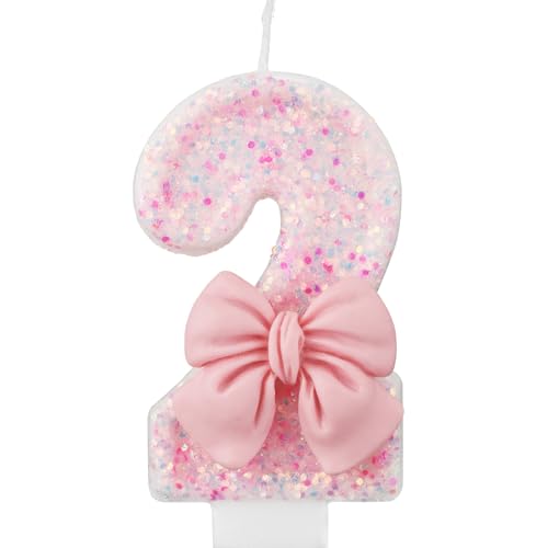 0-9 Geburtstagskerzen, 7,5cm Rosa Schleife Zahlenkerze, Kuchenkerzen für Kinder, Mädchen, Erwachsene, Geburtstag, Hochzeit, Jubiläum, Partyzubehör(2) von XIHIRCD