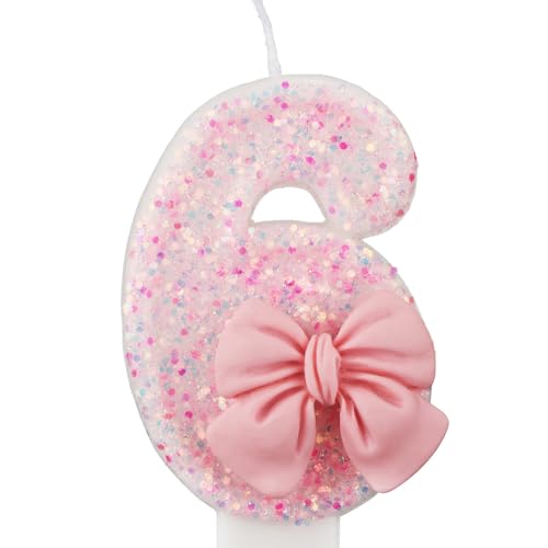 0-9 Geburtstagskerzen, 7,5cm Rosa Schleife Zahlenkerze, Kuchenkerzen für Kinder, Mädchen, Erwachsene, Geburtstag, Hochzeit, Jubiläum, Partyzubehör(6) von XIHIRCD