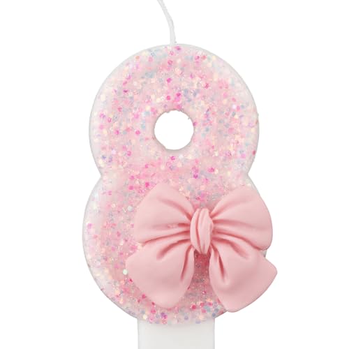 0-9 Geburtstagskerzen, 7,5cm Rosa Schleife Zahlenkerze, Kuchenkerzen für Kinder, Mädchen, Erwachsene, Geburtstag, Hochzeit, Jubiläum, Partyzubehör(8) von XIHIRCD