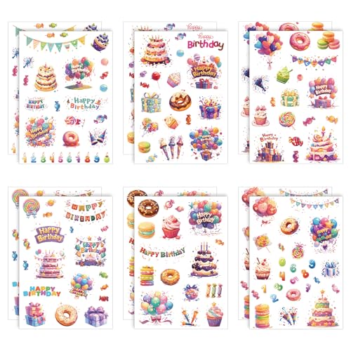 12 Bögen Geburtstagsaufkleber, Selbstklebend Süße Aufkleber Happy Birthday-Aufkleber für Geschenke Karten Umschläge DIY Basteln Dekoration Partygeschenke Zubehör für Kinder (6 Stile) von XIHIRCD