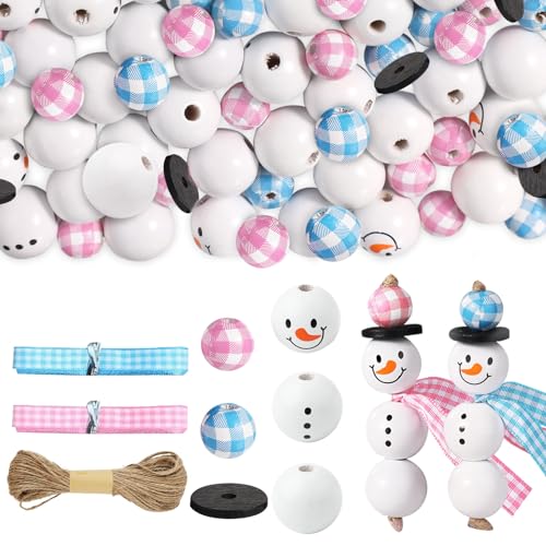 180st Holzperlen Weihnachten, Runde Winter Holzperlen Deko Weihnachten Schneemann Holzperlen Girlande Weihnachten mit DIY Schnurschal für Bastelgirlanden Partydekoration von XIHIRCD