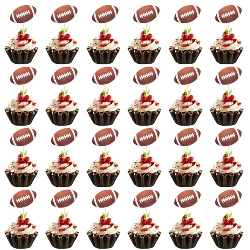 XIHIRCD 24 Stück Rugby-Cupcake-Topper, Fußball-Kuchenaufsatz Cupcake-Picker mit Fußballmotiv Super-Bowl-Party-Dekoration Rugbyball-Kuchenaufsatz Fußball-Cupcake-Picker für Geburtstagspartys von XIHIRCD