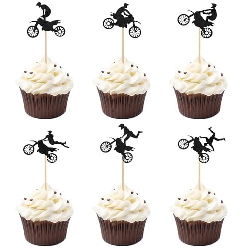 24st Motorrad Kuchen Topper, Schwarzer Glitzer Geburtstag Tortenstecker Motorrad Cupcake Picks Tortenaufsatz Motorrad für Sport Motocross Motto Geburtstagsparty Kuchendekorationen von XIHIRCD