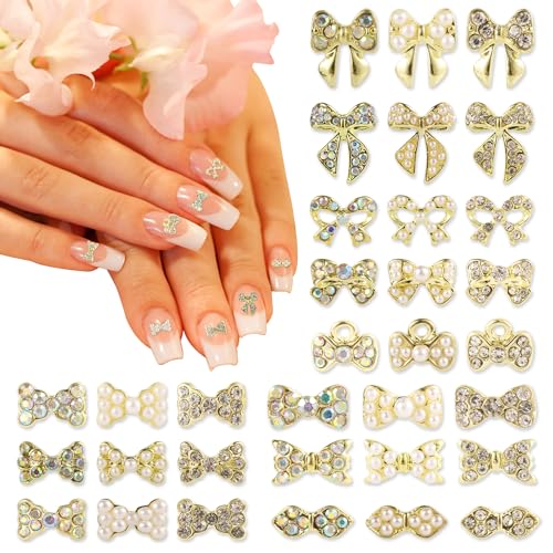 33 Stück Charms für Nägel Schleifen, 3D Perlen Krawatte Nagel Charms Schleife Y2K Nagel Charms für Acryl Nägel Strass Nagelkunst DIY Dekoration Geschenk für Mädchen Frauen von XIHIRCD