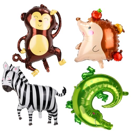 4 Stück Safari Ballon Set, 4 Muster Große Wildtierballons Zebra Igel Krokodil Affe Aluminiumfolienballons für Safari Geburtstagsdekorationen von XIHIRCD