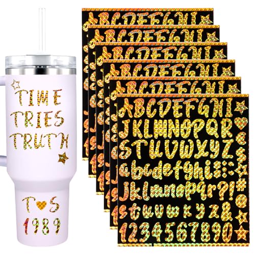 6 Bögen Vinyl-Buchstabenaufkleber für Stanley-Becher, 2,54cm Wasserfeste Großbuchstaben-Aufkleber Selbstklebende Buchstaben-Zahlenaufkleber für Wasserflaschen Bastelarbeiten Dekoration von XIHIRCD