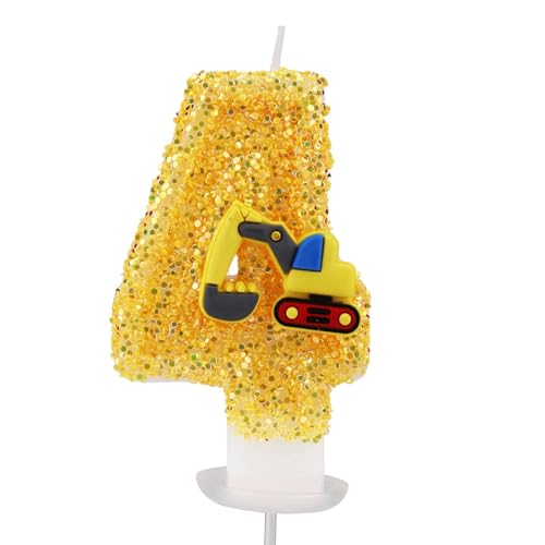 Construction Birthday Candle, Truck Candles Yellow Construction Cake Topper Decorations for Boys Birthday Party Supplies (Number 4 von XIHIRCD