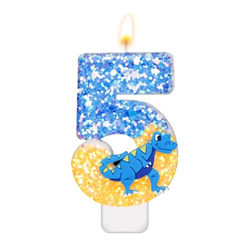 Dinosaurier Kerzen Geburtstag, 7,3cm Zahlen Geburtstagskerzen Pailletten-Kuchenaufsatz Kerze 3D-Zahlenkerze für Dinosaurier-Mottoparty-Geburtstagsdekorationszubehör(Nummer 5) von XIHIRCD