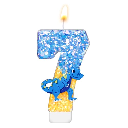 Dinosaurier Kerzen Geburtstag, 7,3cm Zahlen Geburtstagskerzen Pailletten-Kuchenaufsatz Kerze 3D-Zahlenkerze für Dinosaurier-Mottoparty-Geburtstagsdekorationszubehör(Nummer 7) von XIHIRCD