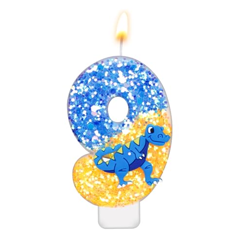 Dinosaurier Kerzen Geburtstag, 7,3cm Zahlen Geburtstagskerzen Pailletten-Kuchenaufsatz Kerze 3D-Zahlenkerze für Dinosaurier-Mottoparty-Geburtstagsdekorationszubehör(Nummer 9) von XIHIRCD