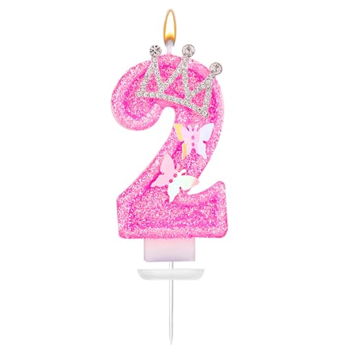 Geburtstag Nummer Kerzen, 7,3cm Rosa Glitzerzahlenkerzen Mit Schmetterling Und Strasskrone Geburtstagszahlenkerzen Perfekte Geburtstags- Und Jubiläumsdekoration(Zahl 2) von XIHIRCD