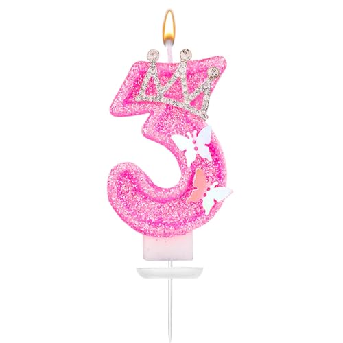 Geburtstag Nummer Kerzen, 7,3cm Rosa Glitzerzahlenkerzen Mit Schmetterling Und Strasskrone Geburtstagszahlenkerzen Perfekte Geburtstags- Und Jubiläumsdekoration(Zahl 3) von XIHIRCD