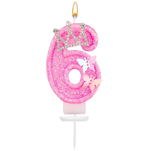 Geburtstag Nummer Kerzen, 7,3cm Rosa Glitzerzahlenkerzen Mit Schmetterling Und Strasskrone Geburtstagszahlenkerzen Perfekte Geburtstags- Und Jubiläumsdekoration(Zahl 6) von XIHIRCD