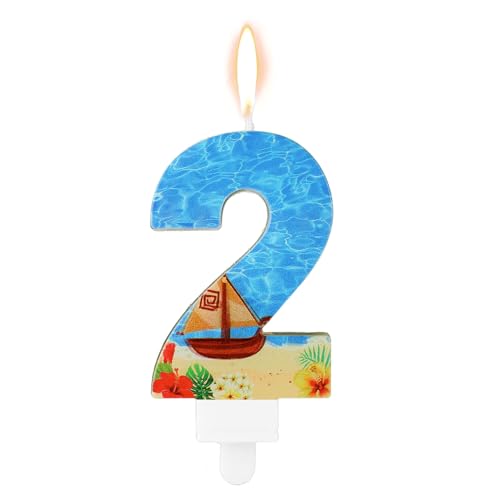 Geburtstagszahlenkerze, Strandthema Geburtstagspartykerze Segelboot Geburtstagsparty Dekoration Paraffin Blaue Zahlenkerzen für Kuchen für Hochzeit Sommerparty (Nummer 2) von XIHIRCD