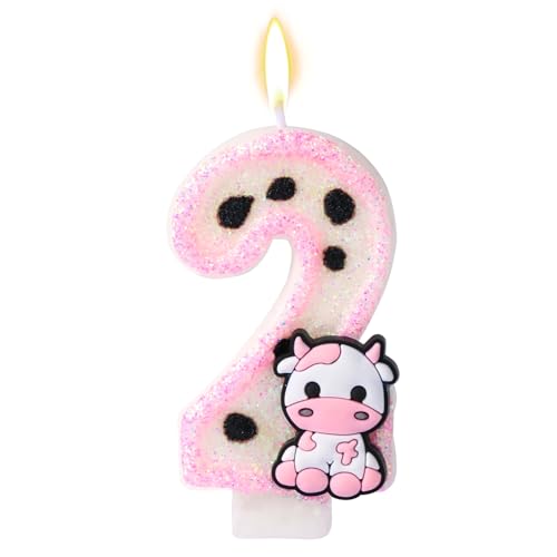 Kuh Kerze, Glitze, Geburtstagskerze Kuh-Aufdruck Kuchenaufsatz Kerzen Torte Geburtstag Bauernhoftier Thema für Mädchen Jungen Geburtstagsdekoration Babyparty Partygeschenk Zubehör (Zahl 2) von XIHIRCD