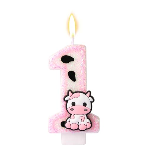 Kuh Kerze, Glitze, Geburtstagskerze Kuh-Aufdruck Kuchenaufsatz Kerzen Torte Geburtstag Bauernhoftier Thema für Mädchen Jungen Geburtstagsdekoration Babyparty Partygeschenk Zubehör (Zahl 2) von XIHIRCD