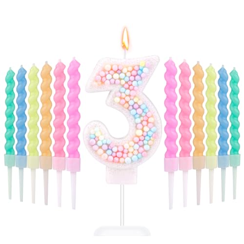 Macaron Zahlen-Geburtstagskerzen, Süß Zahlenkerzen mit 12 Regenbogen-Spiralkerzen Bonbonfarbe Tortenaufsatzkerze für Jahrestage Geburtstagsfeiern Hochzeiten Jungen Mädchen (3) von XIHIRCD