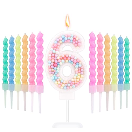 Macaron Zahlen-Geburtstagskerzen, Süß Zahlenkerzen mit 12 Regenbogen-Spiralkerzen Bonbonfarbe Tortenaufsatzkerze für Jahrestage Geburtstagsfeiern Hochzeiten Jungen Mädchen (6) von XIHIRCD