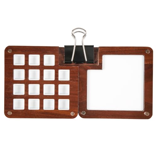 Mini Tragbare Palette, 15 Fächer Winzige Aquarell Palette Holz Tasche Magnetische Skizzenbuch Palette Walnuss Reise Farbtablett für Maler und Künstler, 1 Clip (Ohne Pigment) von XIHIRCD