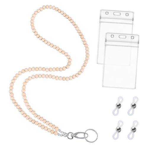 Schlüsselband mit Id Kartenhalter, Lanyard Lehrer Schlüsselband mit Holzperlen Stilvolles Schlüsselband mit Perlen für Damen Ausweisclip Schlüssel Brillenkette von XIHIRCD