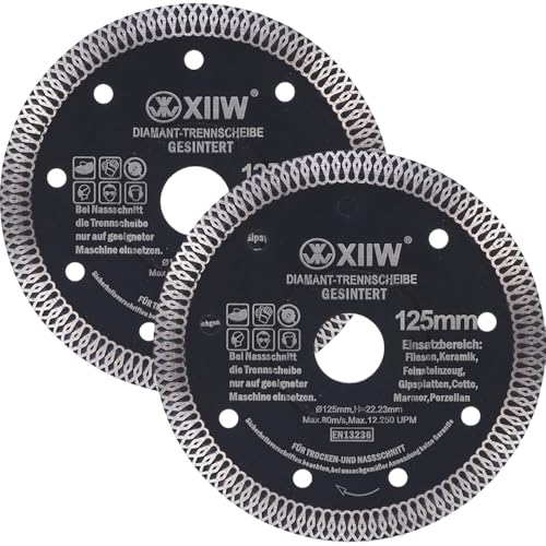 2x Diamanttrennscheibe Ø125mm Trennscheiben, 10mm Segment, Schnittbreite von ca. 1,4 mm, extra dünn Turbo Winkelschleifern Diamant-Trennscheibe für Beton Fliesen Granit 2x Diamanttrennscheibe Ø125mm Trennscheiben, 10mm Segment, Schnittbreite von ca. 1,4 mm, extra dünn Turbo Winkelschleifern Diamant-Trennscheibe für Beton Fliesen Granit von XIIW
