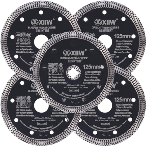 5x Diamanttrennscheibe Ø125mm Trennscheiben, 10mm Segment, Schnittbreite von ca. 1,4 mm, extra dünn Turbo Winkelschleifern Diamant-Trennscheibe für Beton Fliesen Granit 5x Diamanttrennscheibe Ø125mm Trennscheiben, 10mm Segment, Schnittbreite von ca. 1,4 mm, extra dünn Turbo Winkelschleifern Diamant-Trennscheibe für Beton Fliesen Granit von XIIW