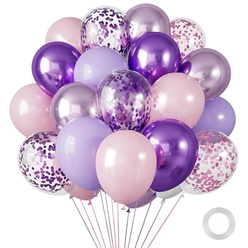 XIMEY 50/60 Stück Luftballons Salbeigrün, Luftballons Bunt, Luftballons Pastellfarben, Pailletten Ballons Geburtstag, Ballons Hochzeit, für Ballongirlande, Weltmeisterschaft (Lila, Lavendel, Rosa, 60) von XIMEY