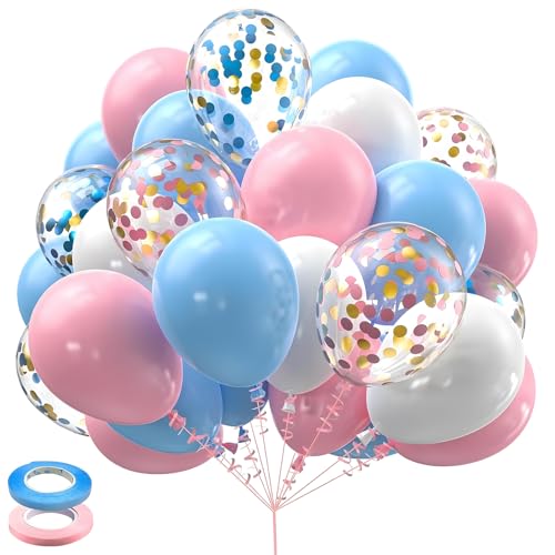 XIMEY 50/60 Stück Luftballons Salbeigrün, Luftballons Bunt, Luftballons Pastellfarben, Pailletten Ballons Geburtstag, Ballons Hochzeit, für Ballongirlande, Weltmeisterschaft (Weiß, Hellblau, Rosa, 60) von XIMEY