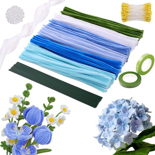 XIMISHOP 325 Stück Pfeifenreiniger Blumen Set，Pfeifenputzer Zum DIY Basteln Mit Kunstperlen Basteldraht Floristenkrepp Geschenkband Blumenband Künstliche Blütenmitten（6 Farben） von XIMISHOP