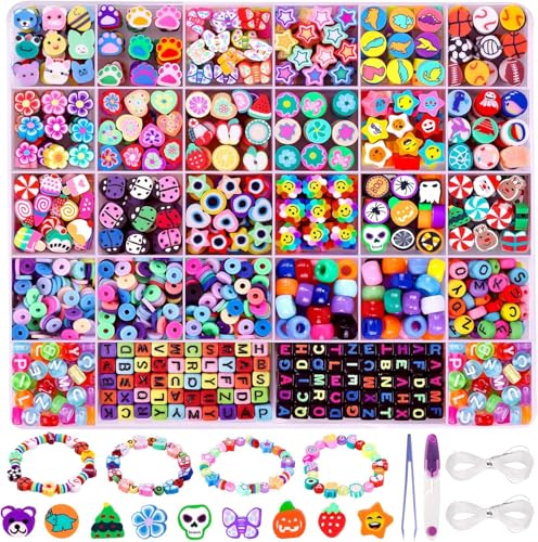 XIMISHOP 960 Stück Polymer Clay Perlen, 24 Muster Obst Süße Blumen Schmetterlinge Herz Tiere Buchstaben Pony-Perlen Clay Beads für Selber Herstellung Schmuck Armbänder Halskette Ohrringen DIY Handwerk von XIMISHOP