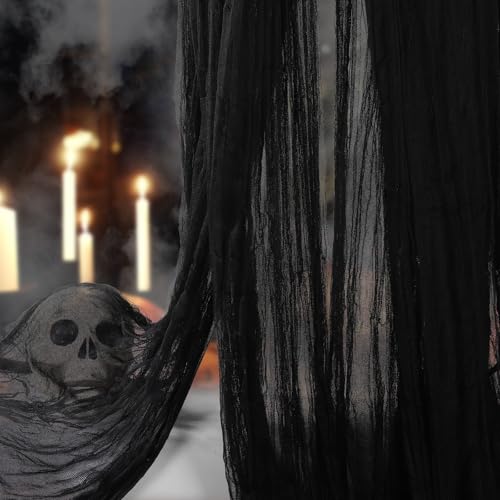 XIMISHOP 2.15 * 5m Halloween Gruseliges Stoff Deko,Schwarz Horror Tuch Indoor Türdekorationen Gaze KäSetuch Party Zubehör Für Halloween Hof Haus Partyfotoautomat Zubehör von XIMISHOP