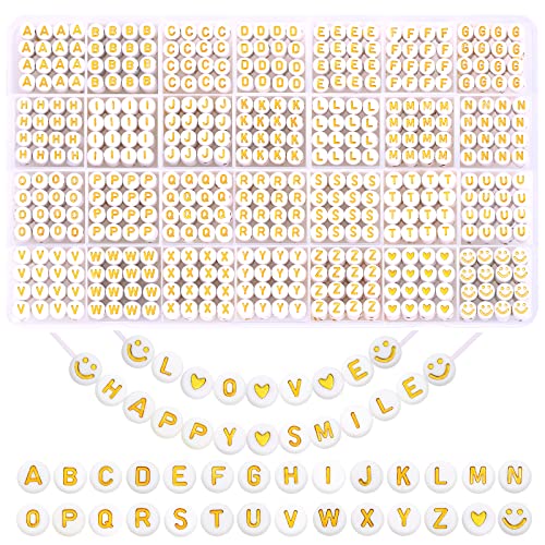 XIMISHOP Runde Buchstabenperlen zur Schmuckherstellung, 28 Stile, goldfarben, Alphabet, Acrylperlen, Herzperlen für Armbänder, 4 x 7 mm, 1400 Stück von XIMISHOP