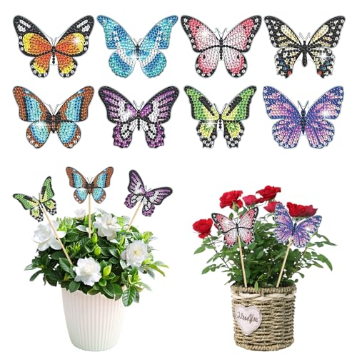 8 Stück Diamond Painting Schmetterling Sets, Diamond Painting Kinder Erwachsene Gartendekoration für Draußen und Drinnen Balkon Deko, Basteln für Kinder Diamont Painting Geschenk Für Mama Und Kinder von XIMKONTER
